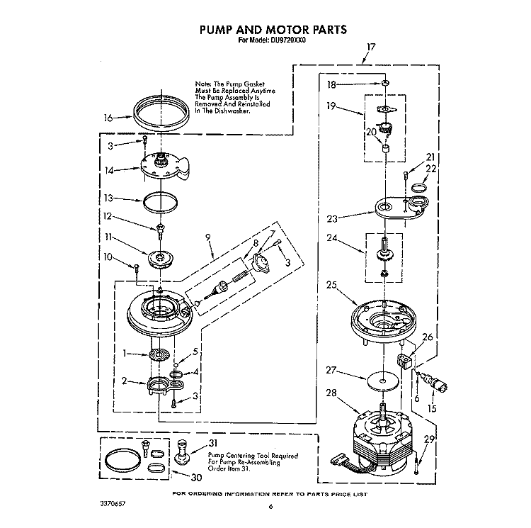 PUMP AND MOTOR Diagram and Parts List for DU9720XX0  Whirlpool Dishwasher