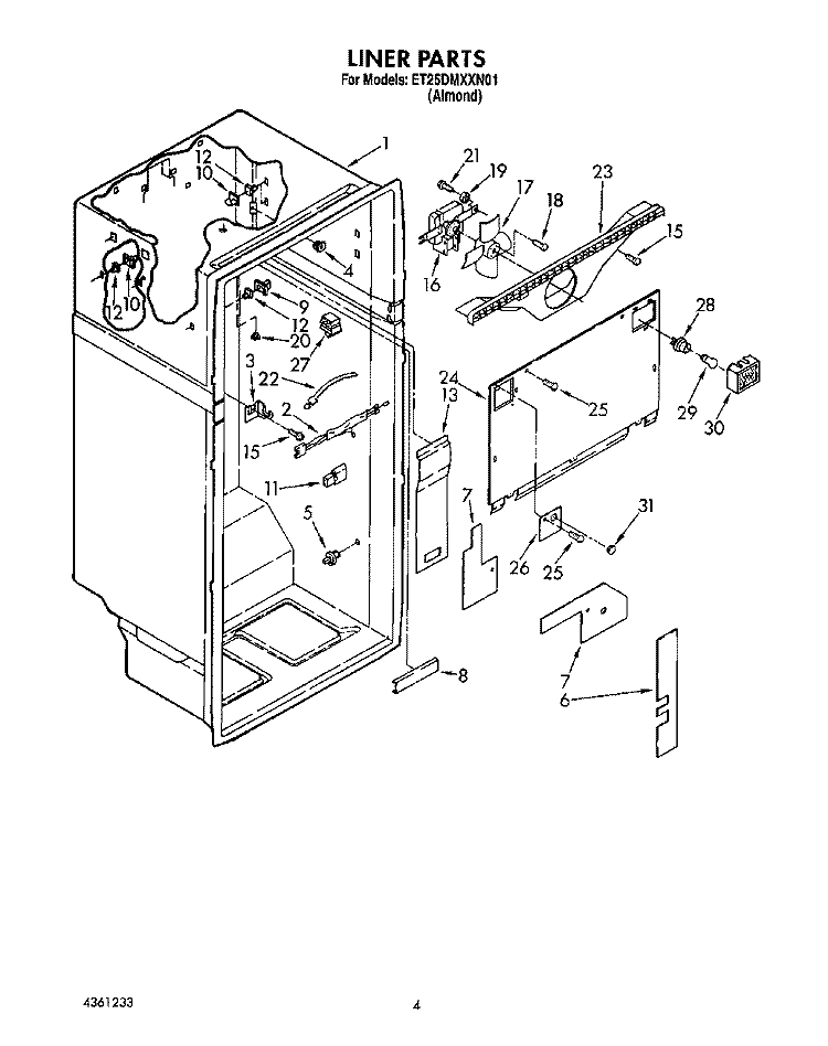 LINER Diagram and Parts List for ET25DMXXN01  Whirlpool Refrigerator