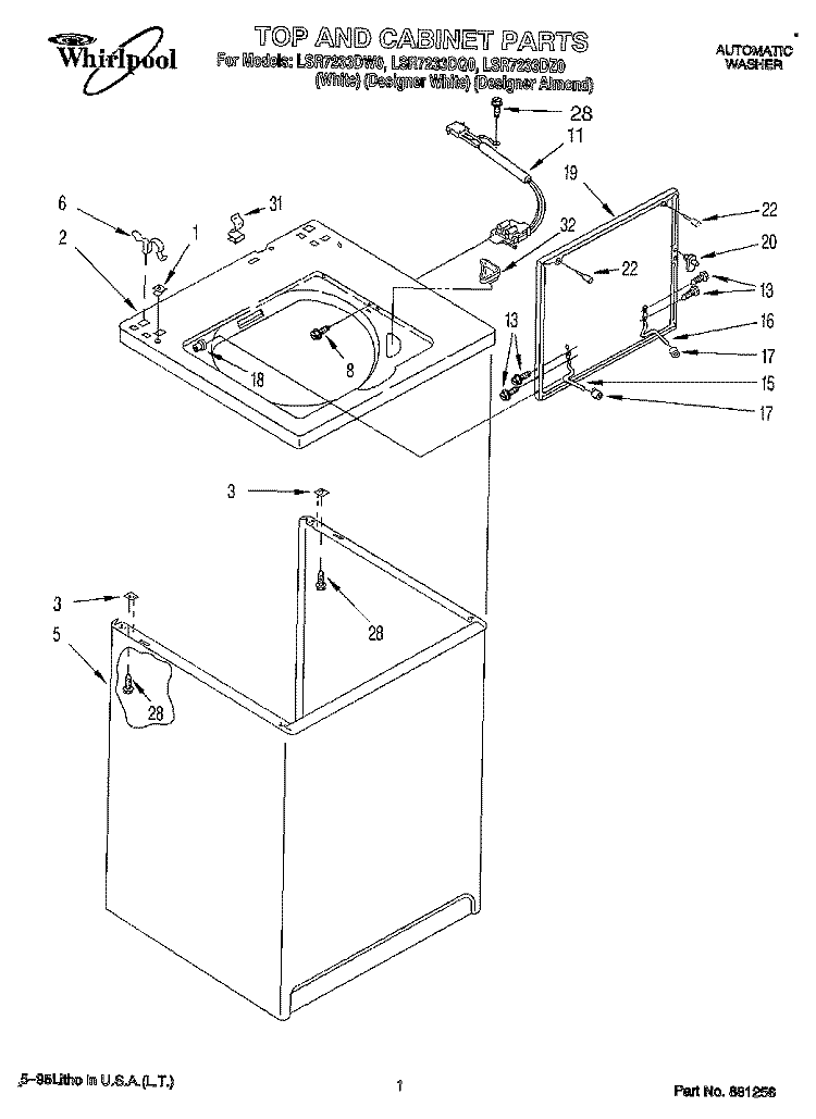 TOP AND CABINET, LIT/OPTIONAL Diagram and Parts List for LSR7233DW0  Whirlpool Washer