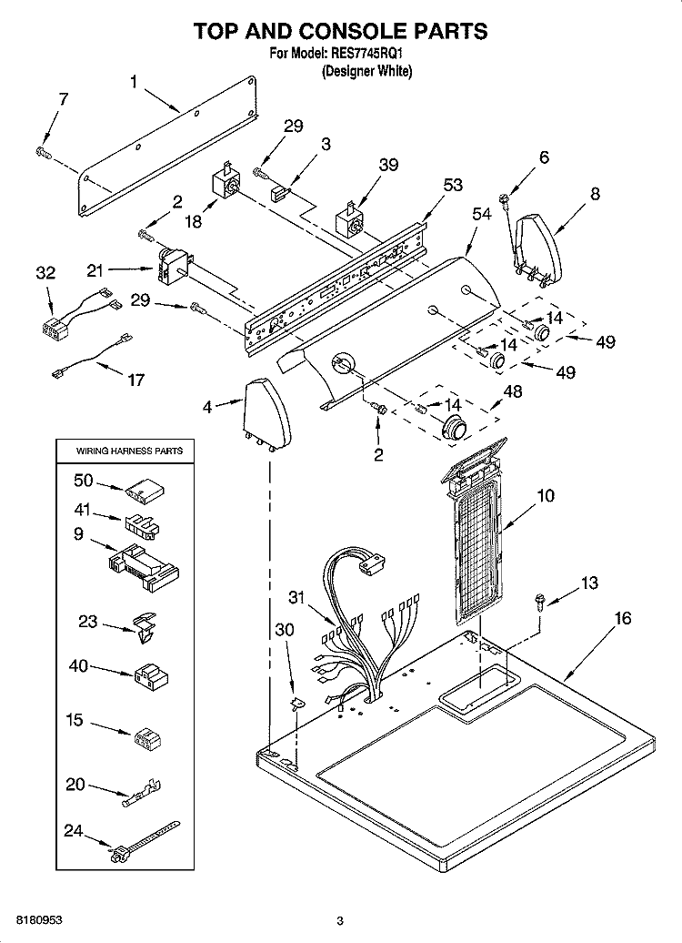 TOP AND CONSOLE PARTS Diagram and Parts List for RES7745RQ1  Roper Dryer