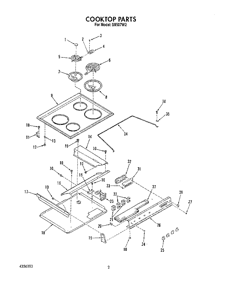 COOKTOP, LIT/OPTIONAL Diagram and Parts List for S9507^2  Whirlpool Range