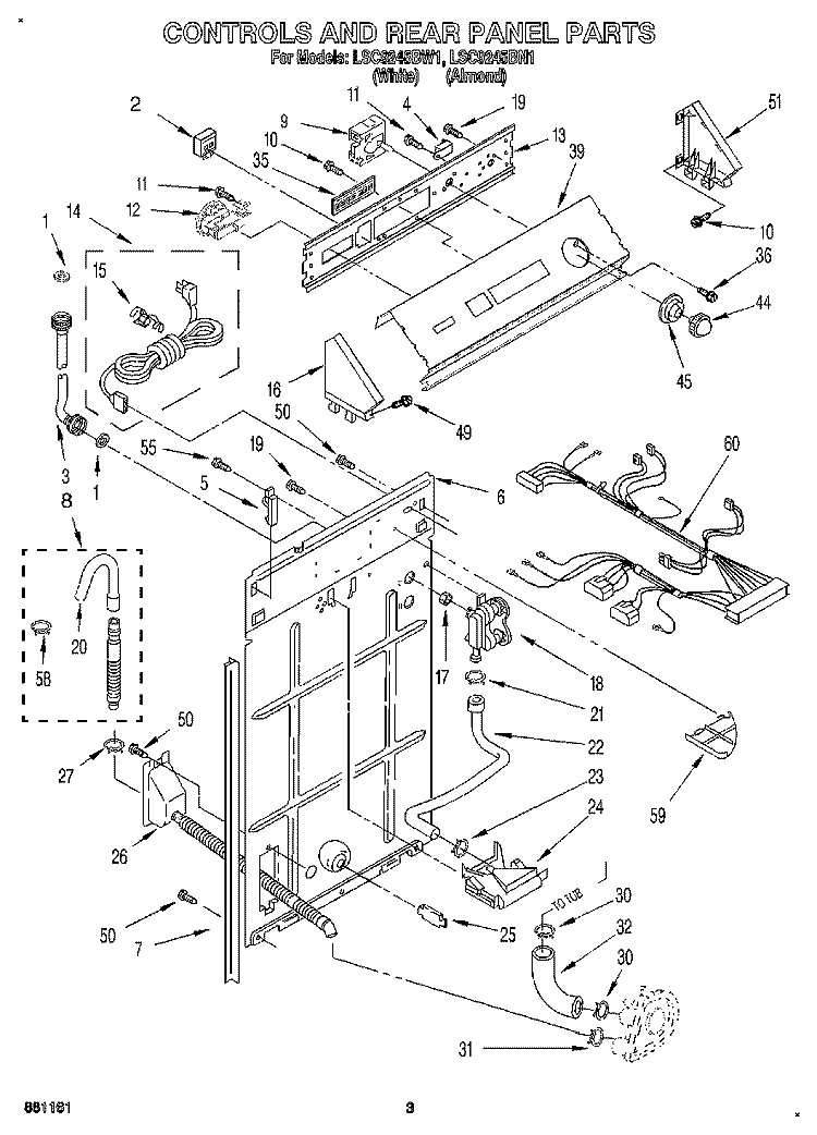 CONTROLS AND REAR PANEL Diagram and Parts List for LSC9245BN1  Whirlpool Washer