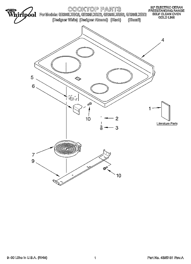COOKTOP, LITERATURE Diagram and Parts List for GR396LXGQ2  Whirlpool Range