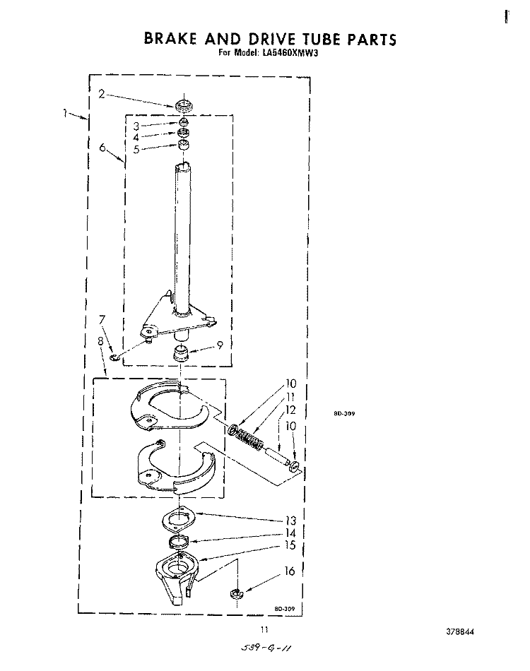 BRAKE AND DRIVE TUBE Diagram and Parts List for LA5460XMW3  Whirlpool Washer