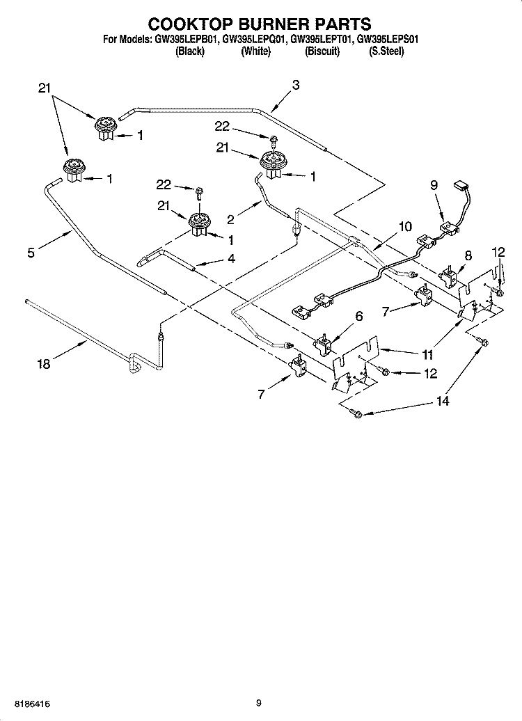 COOKTOP BURNER PARTS, OPTIONAL PARTS Diagram and Parts List for GW395LEPQ01  Whirlpool Range