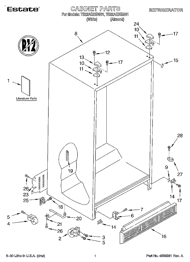 CABINET, LITERATURE Diagram and Parts List for TS22AQXGN01  Whirlpool Refrigerator