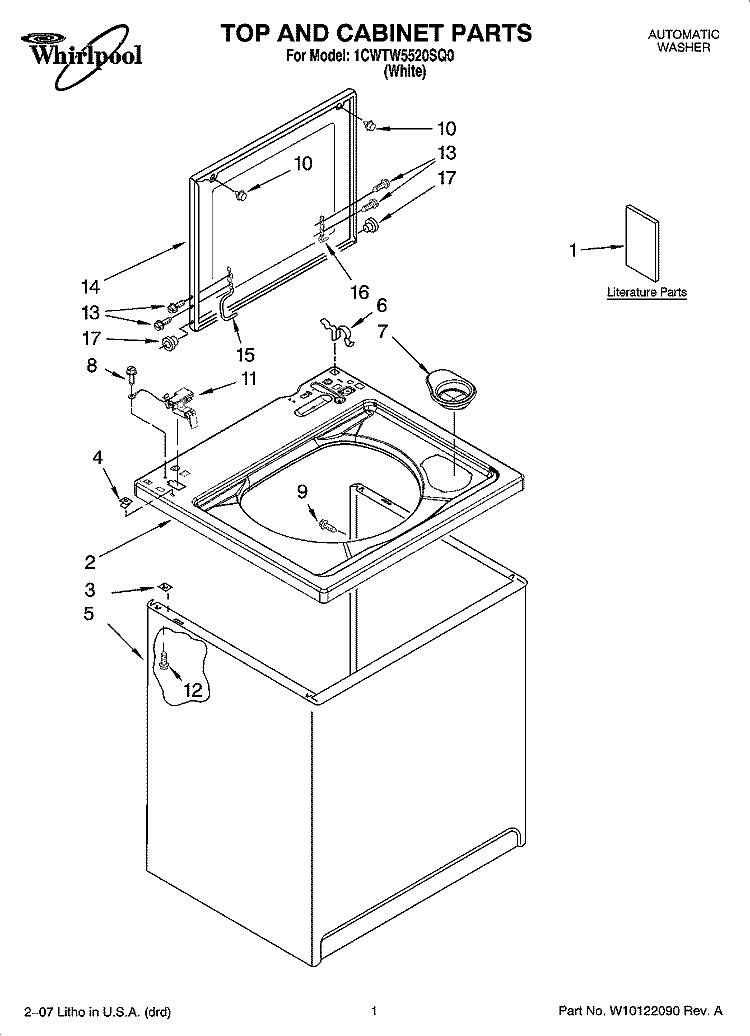TOP AND CABINET PARTS Diagram and Parts List for 1CWTW5520SQ0  Whirlpool Washer