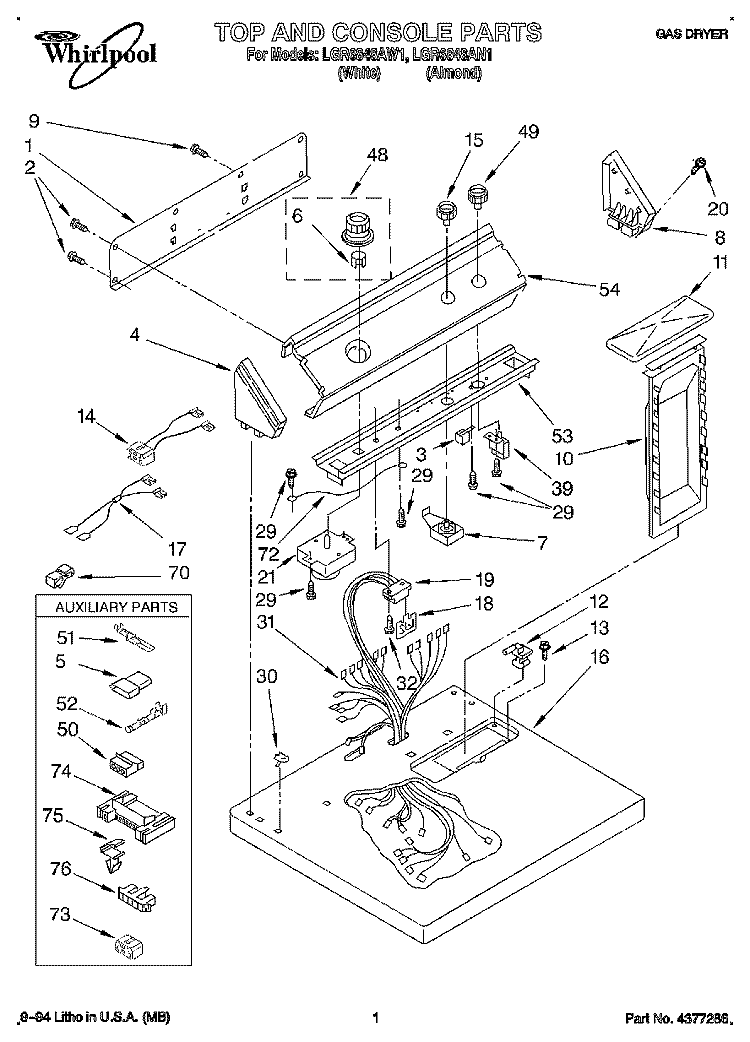 TOP AND CONSOLE, LIT/OPTIONAL Diagram and Parts List for LGR6848AN1  Whirlpool Dryer