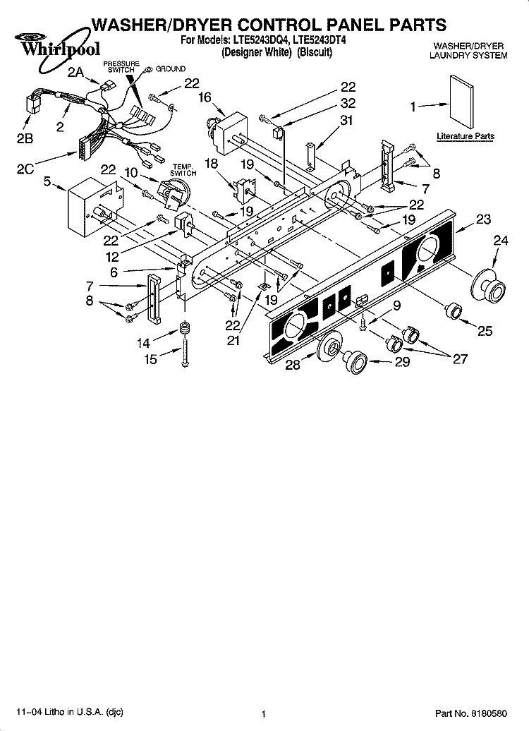 WASHER/DRYER CONTROL PANEL PARTS Diagram and Parts List for LTE5243DQ4  Whirlpool Washer Dryer Combo