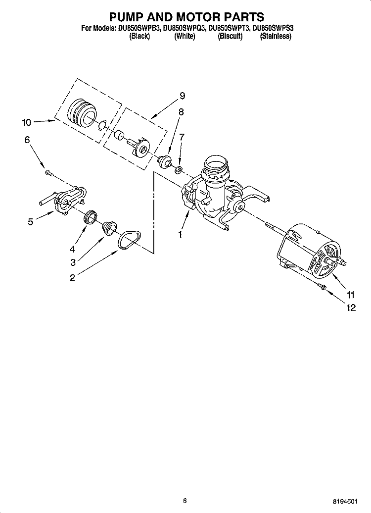 PUMP AND MOTOR PARTS Diagram and Parts List for DU850SWPS3  Whirlpool Dishwasher