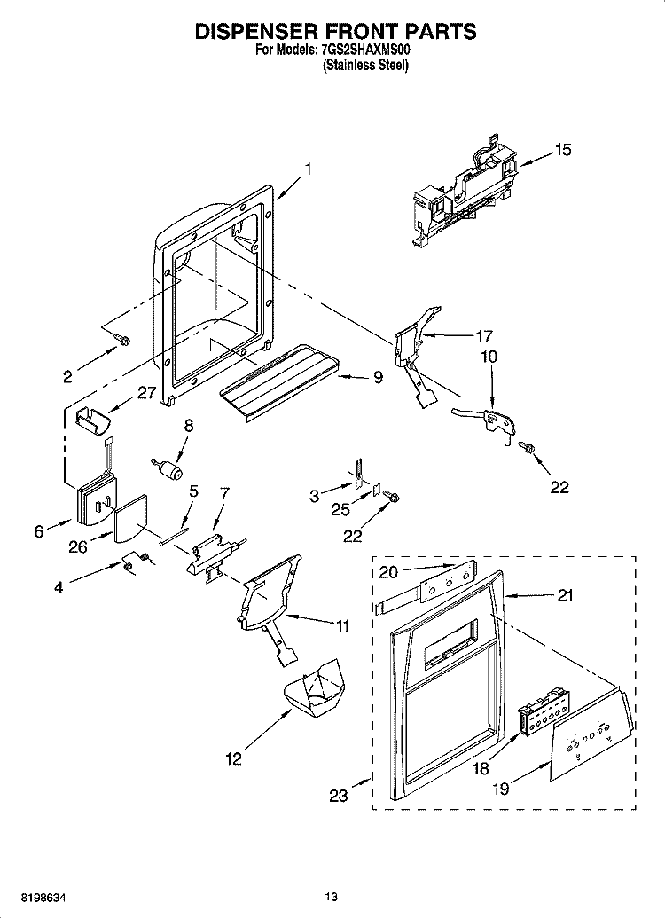 DISPENSER FRONT PARTS Diagram and Parts List for 7GS2SHAXMS00  Whirlpool Refrigerator