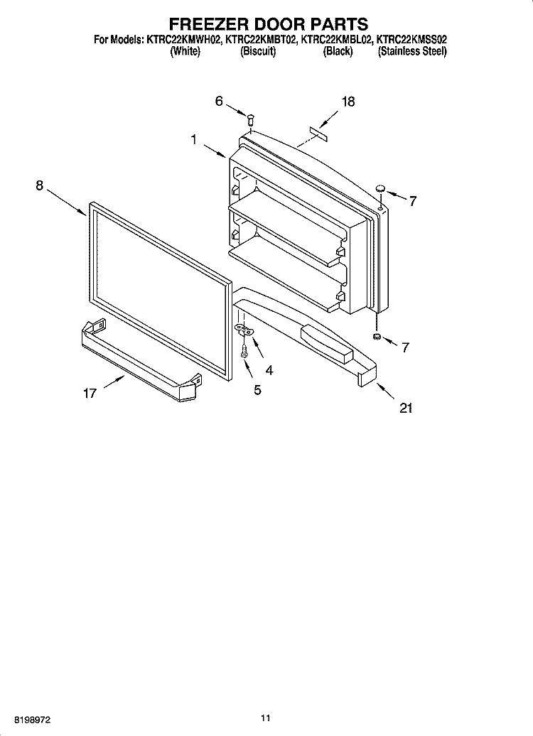 FREEZER DOOR PARTS, OPTIONAL PARTS Diagram and Parts List for KTRC22KMBT02  KitchenAid Refrigerator