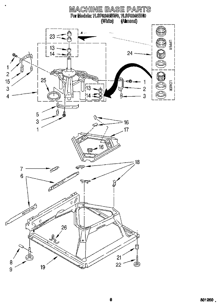 MACHINE BASE Diagram and Parts List for 7LSP9245BW0  Whirlpool Washer