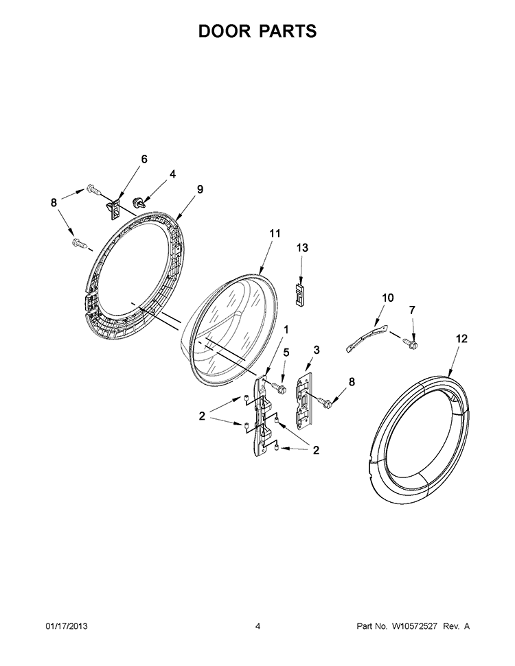 DOOR PARTS Diagram and Parts List for WFW70HEBW0  Whirlpool Washer