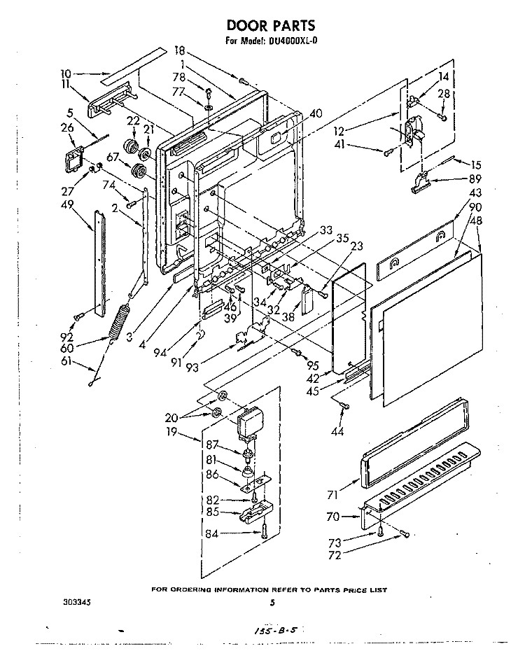 DOOR Diagram and Parts List for DU4000XL0  Whirlpool Dishwasher