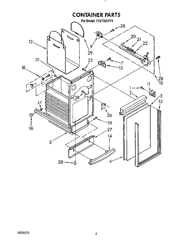 CONTAINER Diagram and Parts List for TC8700XYP1  Whirlpool Trash Compactor