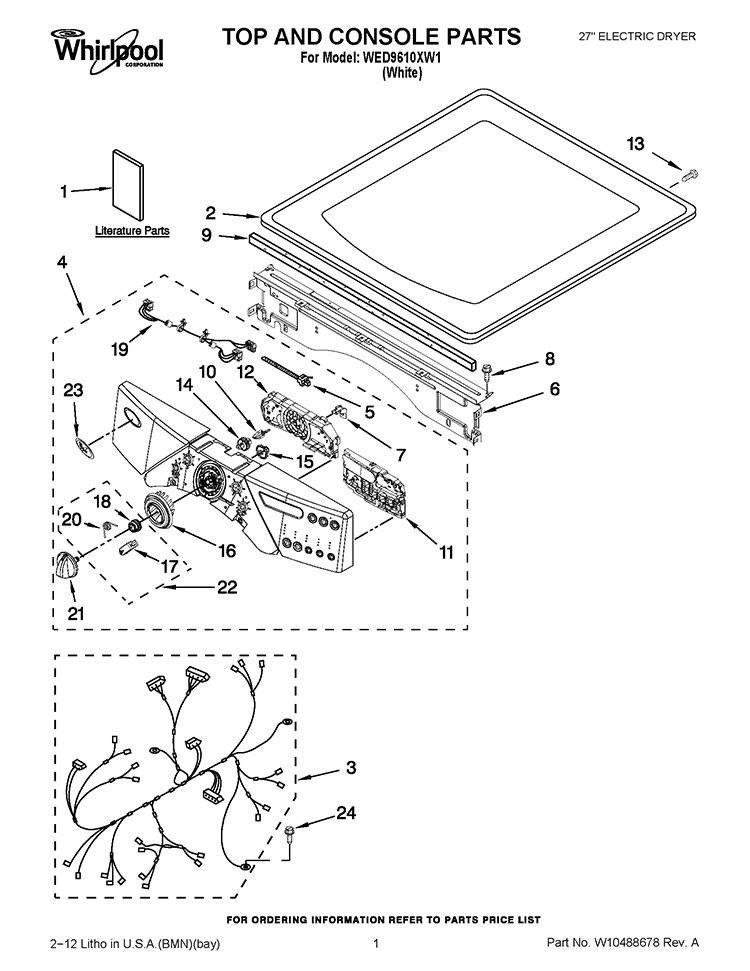 TOP AND CONSOLE PARTS Diagram and Parts List for WED9610XW1  Whirlpool Dryer