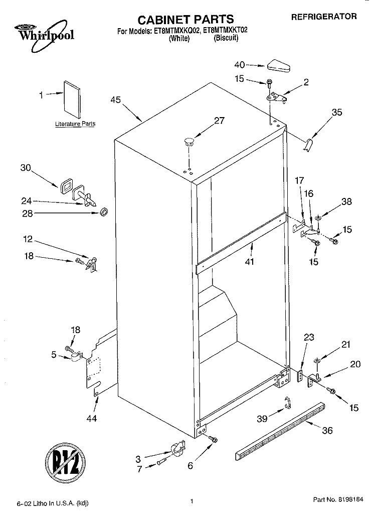 CABINET, LITERATURE Diagram and Parts List for ET8MTMXKT02  Whirlpool Refrigerator