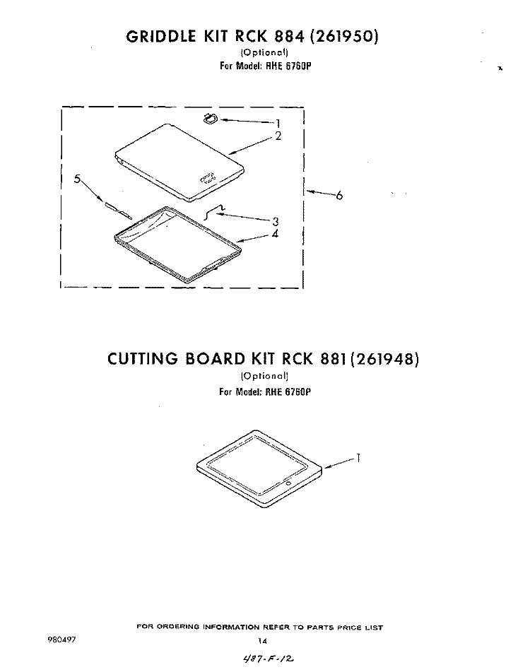 GRILLE RCK 884 (261950) , CUTTING BOARD Diagram and Parts List for RHE6760P  Whirlpool Range