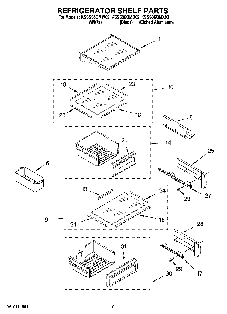 REFRIGERATOR SHELF PARTS Diagram and Parts List for KSSS36QMB03  KitchenAid Refrigerator