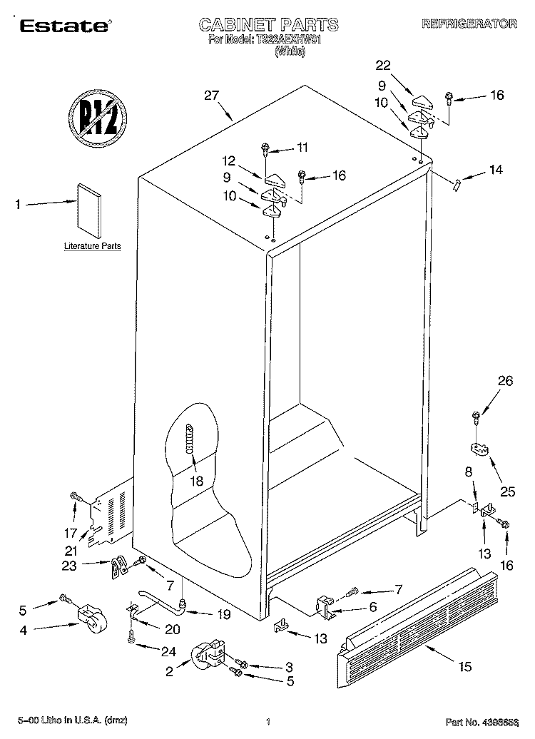 CABINET, LITERATURE Diagram and Parts List for TS22AEXHW01  Whirlpool Refrigerator