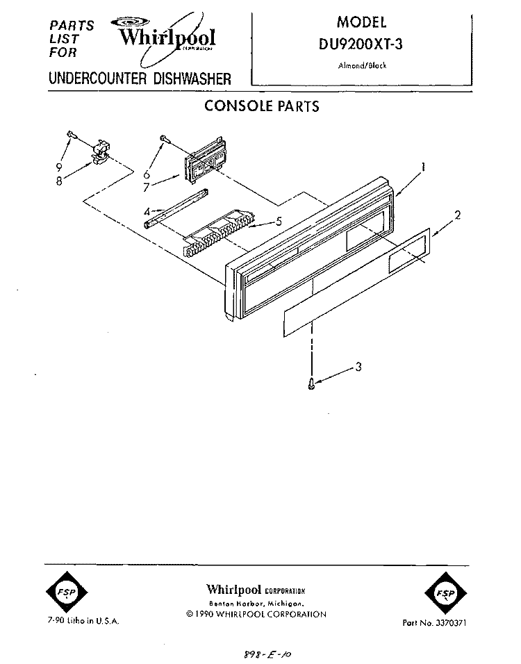 CONSOLE Diagram and Parts List for DU9200XT3  Whirlpool Dishwasher