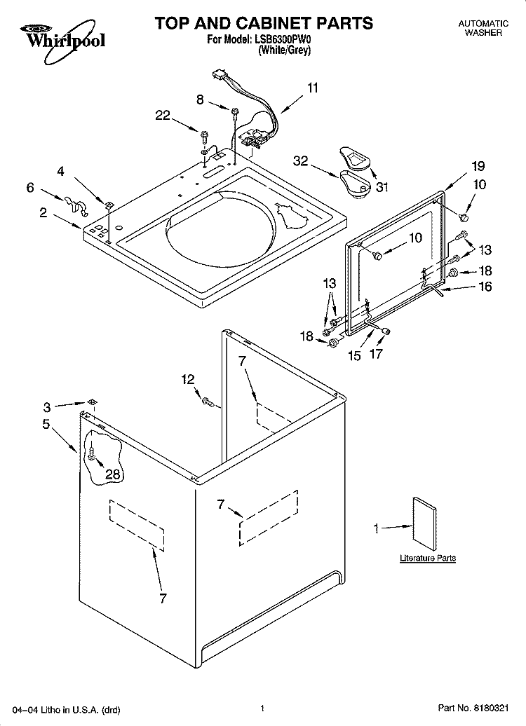 TOP AND CABINET PARTS Diagram and Parts List for LSB6300PW0  Whirlpool Washer