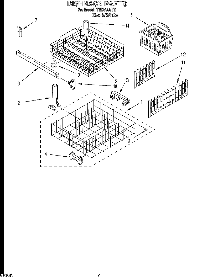 DISHRACK Diagram and Parts List for TUD7005Y0  Whirlpool Dishwasher
