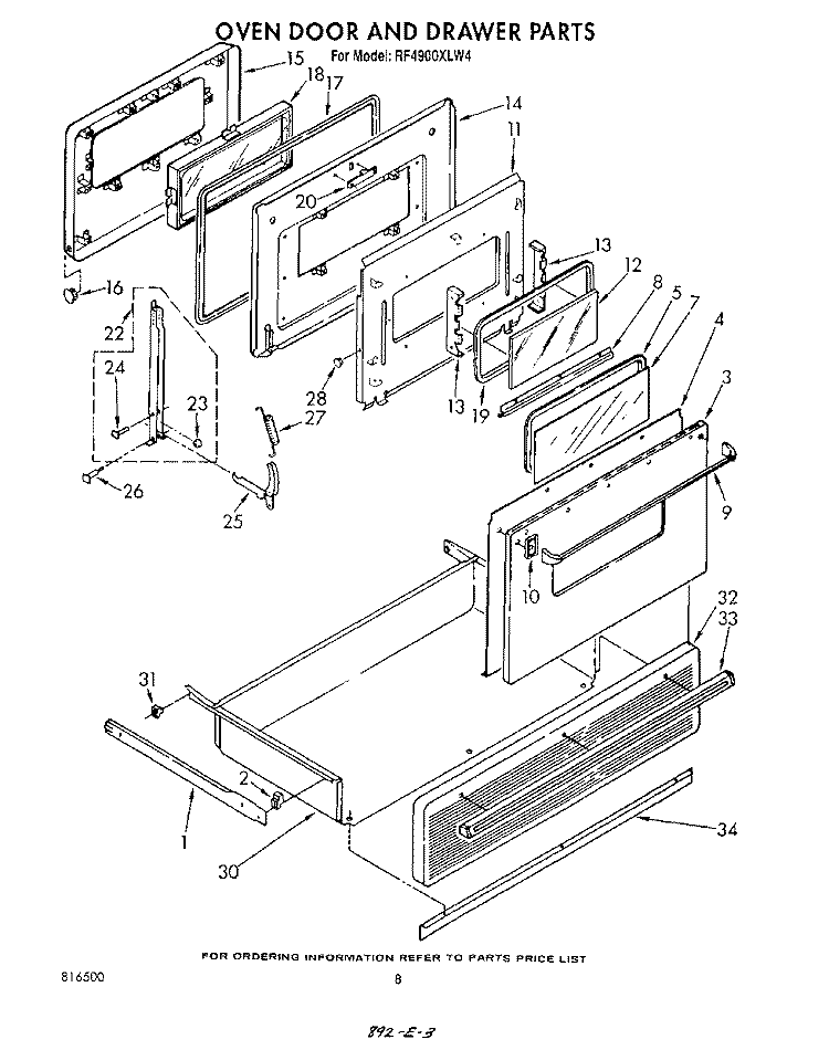 OVEN DOOR AND DRAWER Diagram and Parts List for RF4900XLW4  Whirlpool Range