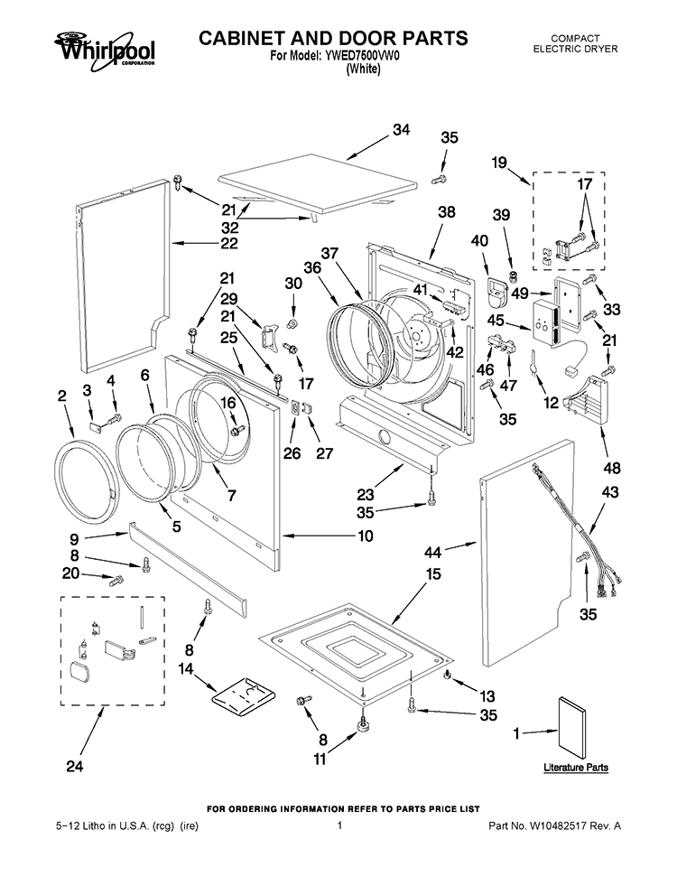 CABINET AND DOOR PARTS Diagram and Parts List for YWED7500VW0  Whirlpool Dryer