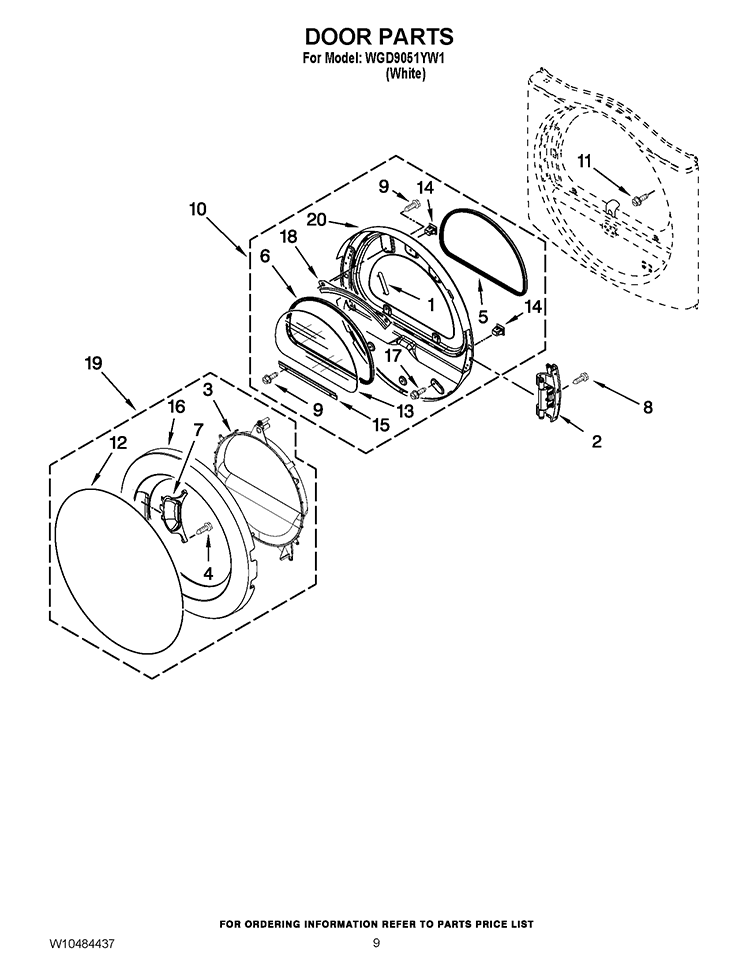 DOOR PARTS Diagram and Parts List for WGD9051YW1  Whirlpool Dryer