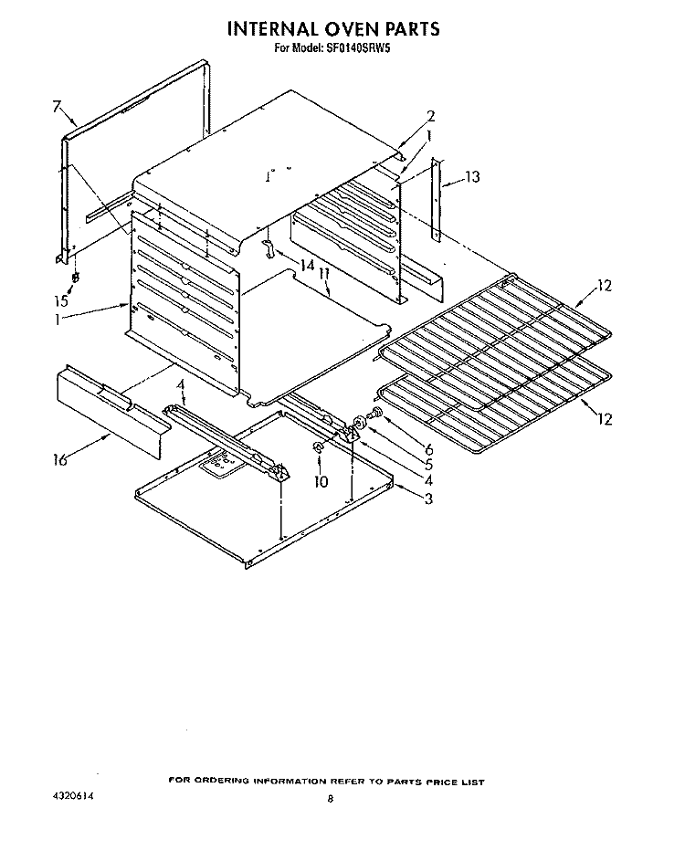 INTERNAL OVEN Diagram and Parts List for SF0140SRW5  Whirlpool Range