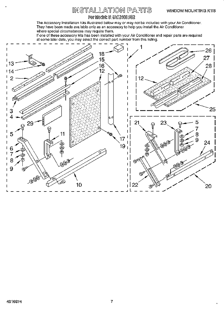 INSTALLATION PARTS Diagram and Parts List for BHAC2400BS2  Whirlpool Air Conditioner