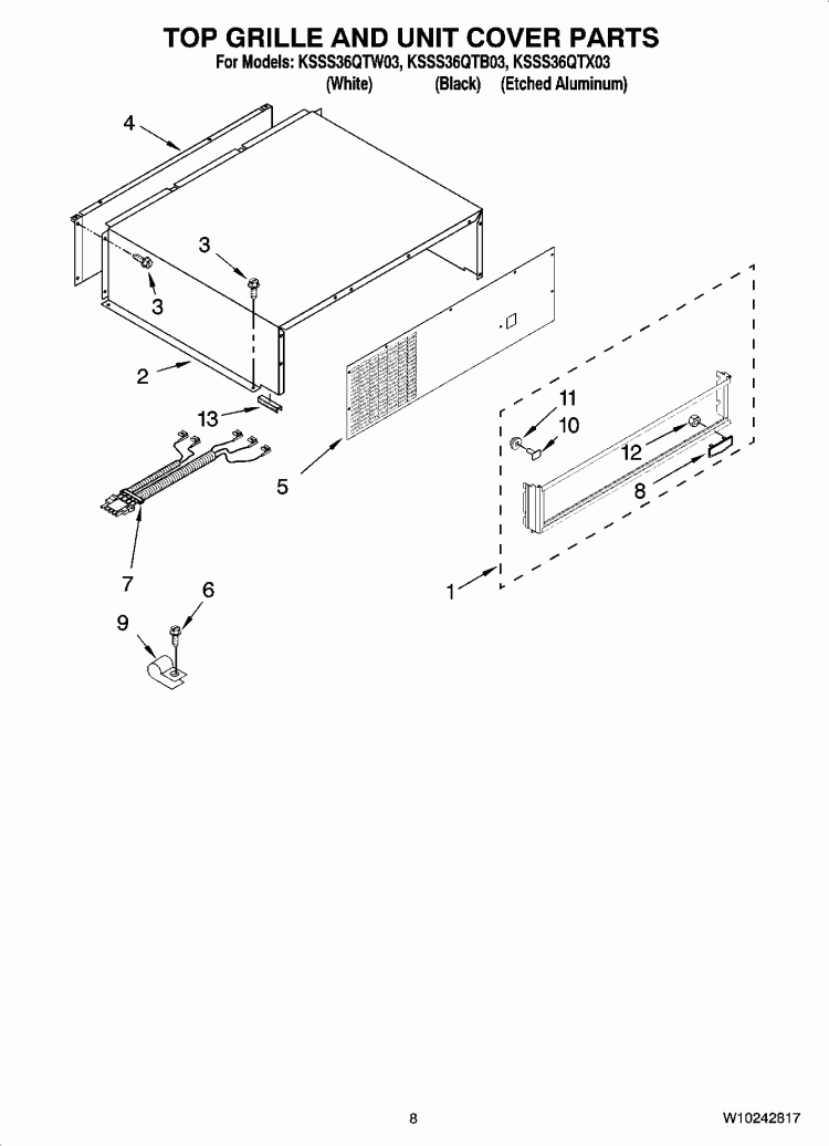 TOP GRILLE AND UNIT COVER PARTS Diagram and Parts List for KSSS36QTB03  KitchenAid Refrigerator