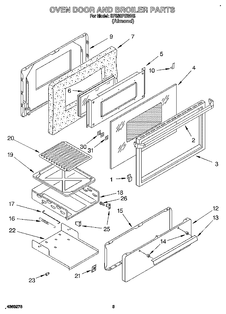 OVEN DOOR AND BROILER Diagram and Parts List for SF330PEWN5  Whirlpool Range