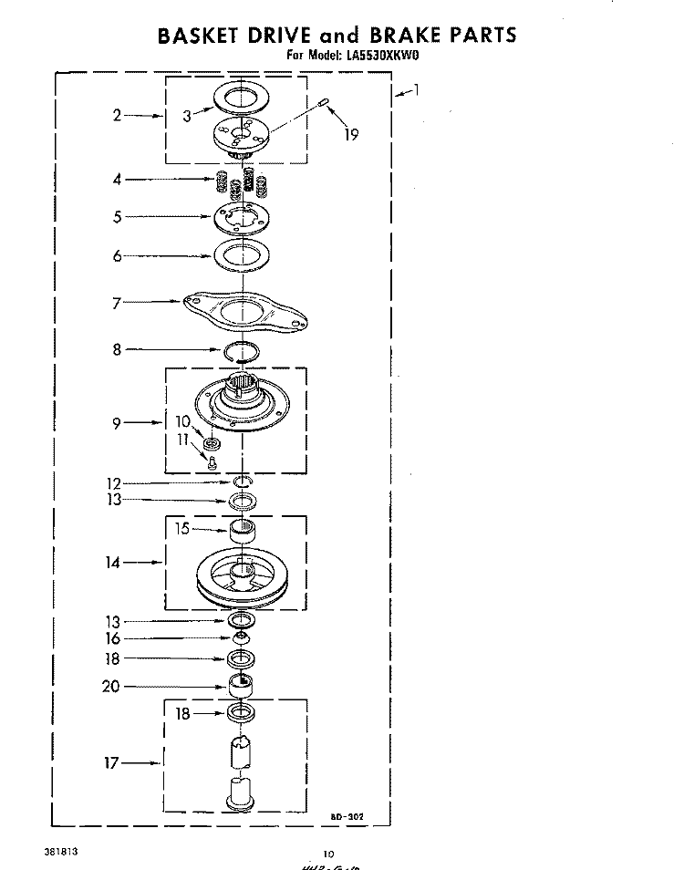 BASKET DRIVE AND BRAKE Diagram and Parts List for LA5530XKW0  Whirlpool Washer
