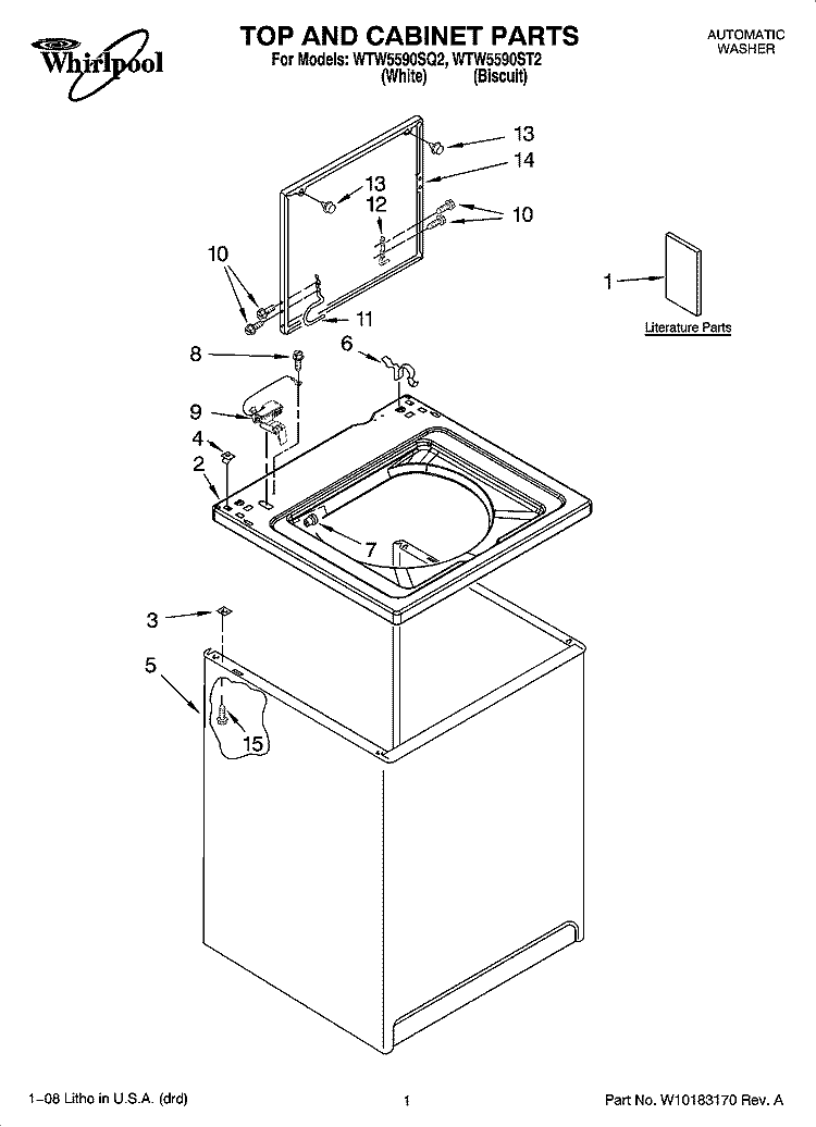 TOP AND CABINET PARTS Diagram and Parts List for WTW5590ST2  Whirlpool Washer
