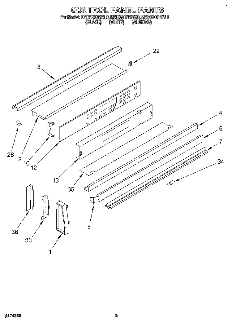 CONTROL PANEL, OPTIONAL Diagram and Parts List for KEDS207BWH0  KitchenAid Range