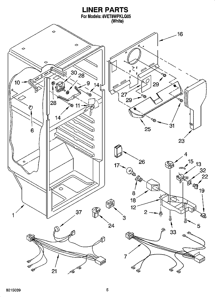 LINER PARTS Diagram and Parts List for 8VET8WPKLQ05  Whirlpool Refrigerator