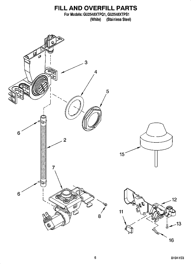 FILL AND OVERFILL PARTS Diagram and Parts List for GU2548XTPS1  Whirlpool Dishwasher