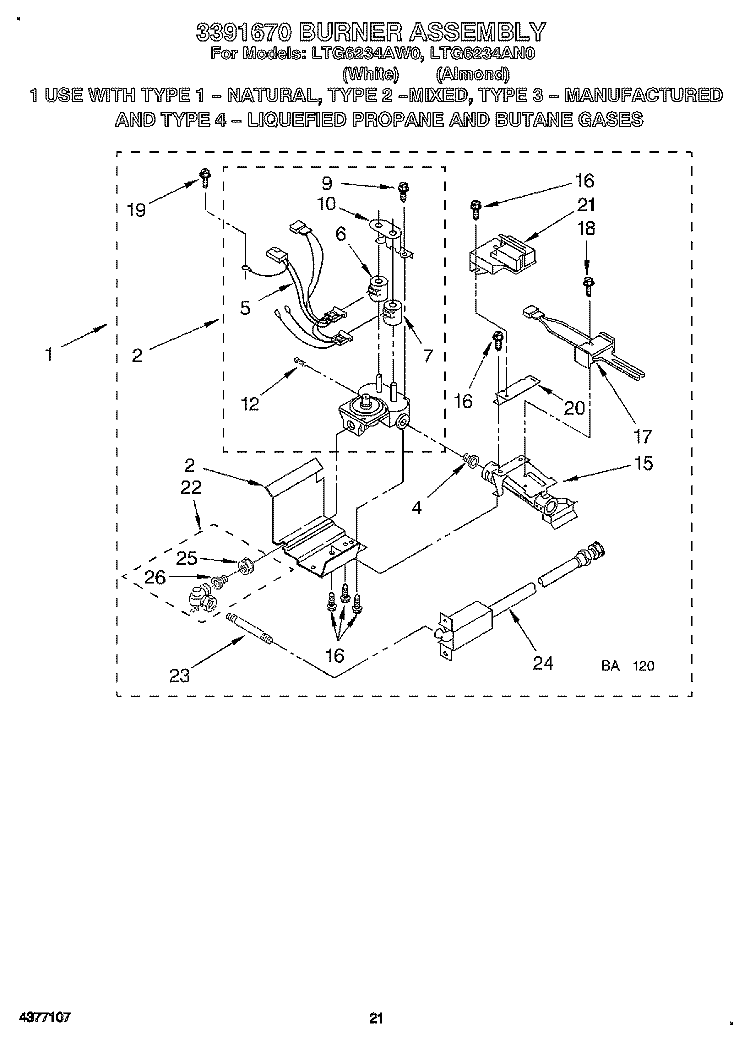 3391670 BURNER ASSEMBLY Diagram and Parts List for LTG6234AN0  Whirlpool Washer Dryer Combo
