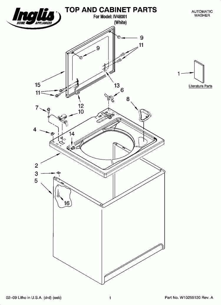 TOP AND CABINET PARTS Diagram and Parts List for IV48001  Inglis Washer