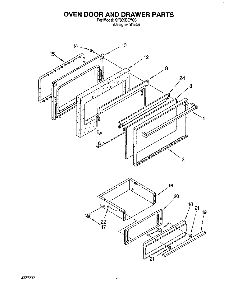 OVEN DOOR AND DRAWER Diagram and Parts List for SF365BEYQ6  Whirlpool Range