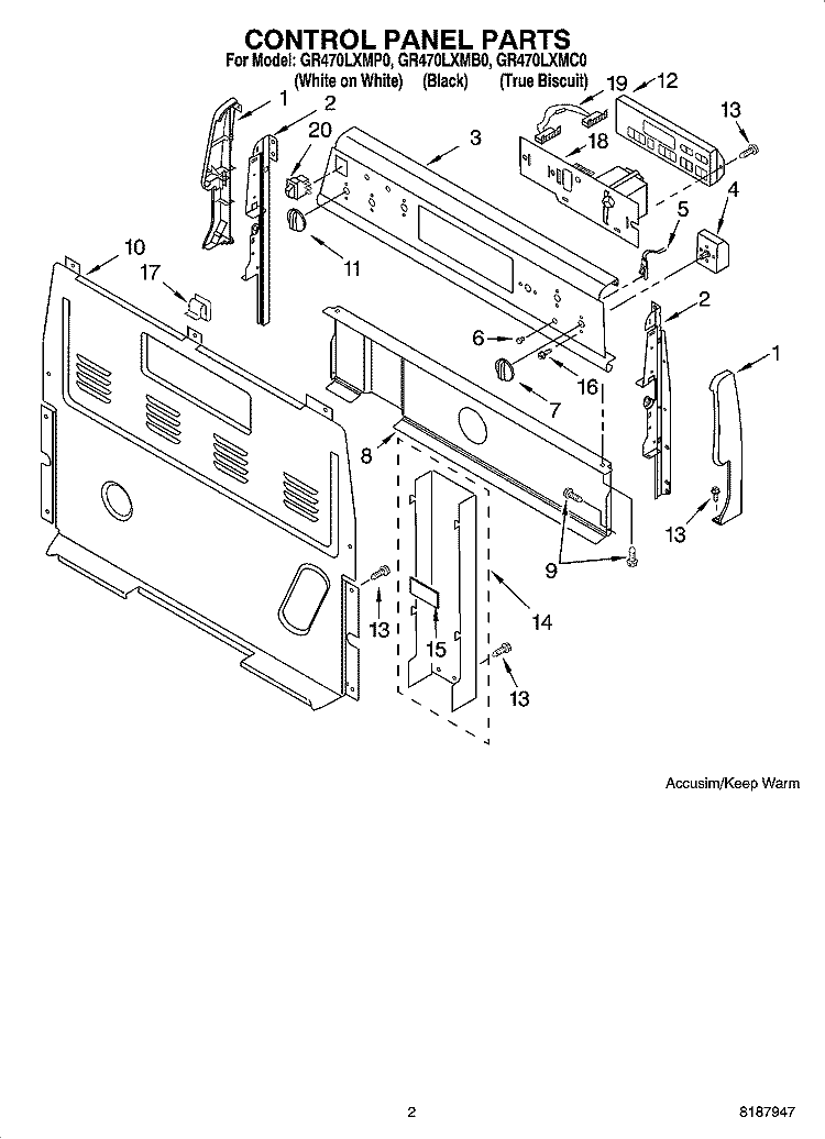 CONTROL PANEL PARTS Diagram and Parts List for GR470LXMB0  Whirlpool Range