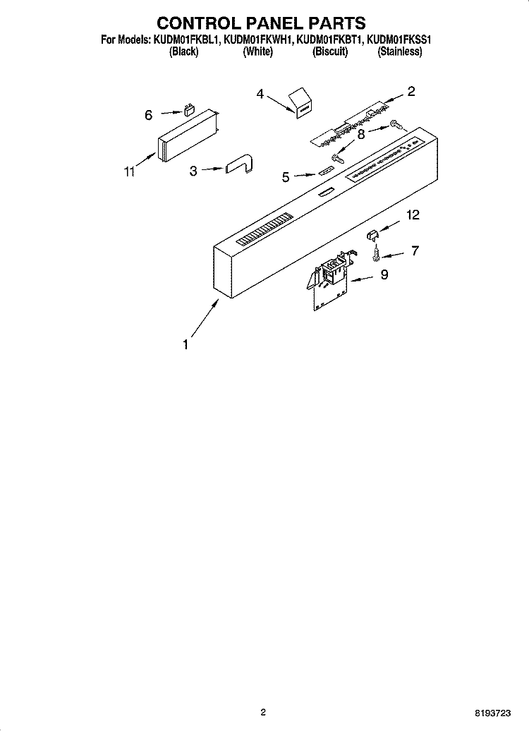 CONTROL PANEL PARTS Diagram and Parts List for KUDM01FKWH1  KitchenAid Dishwasher