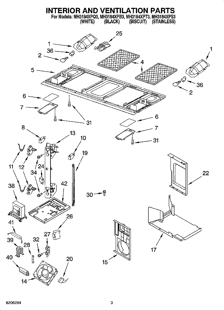 INTERIOR AND VENTILATION PARTS Diagram and Parts List for MH3184XPB3  Whirlpool Microwave