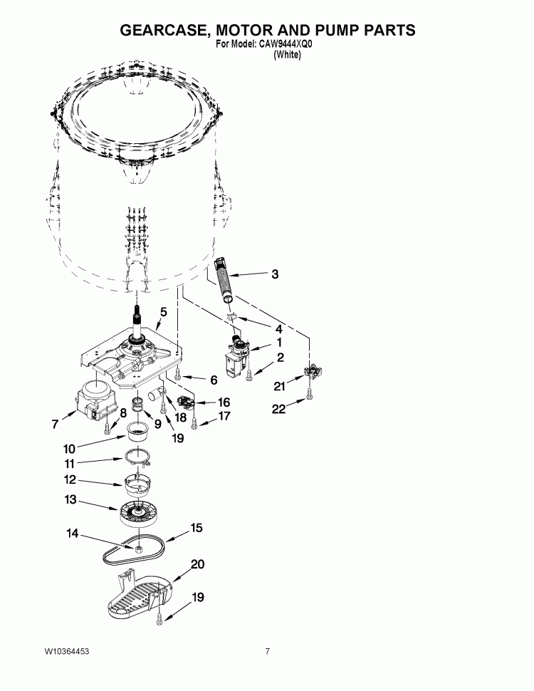 GEARCASE, MOTOR AND PUMP PARTS Diagram and Parts List for CAW9444XQ0  Whirlpool Washer