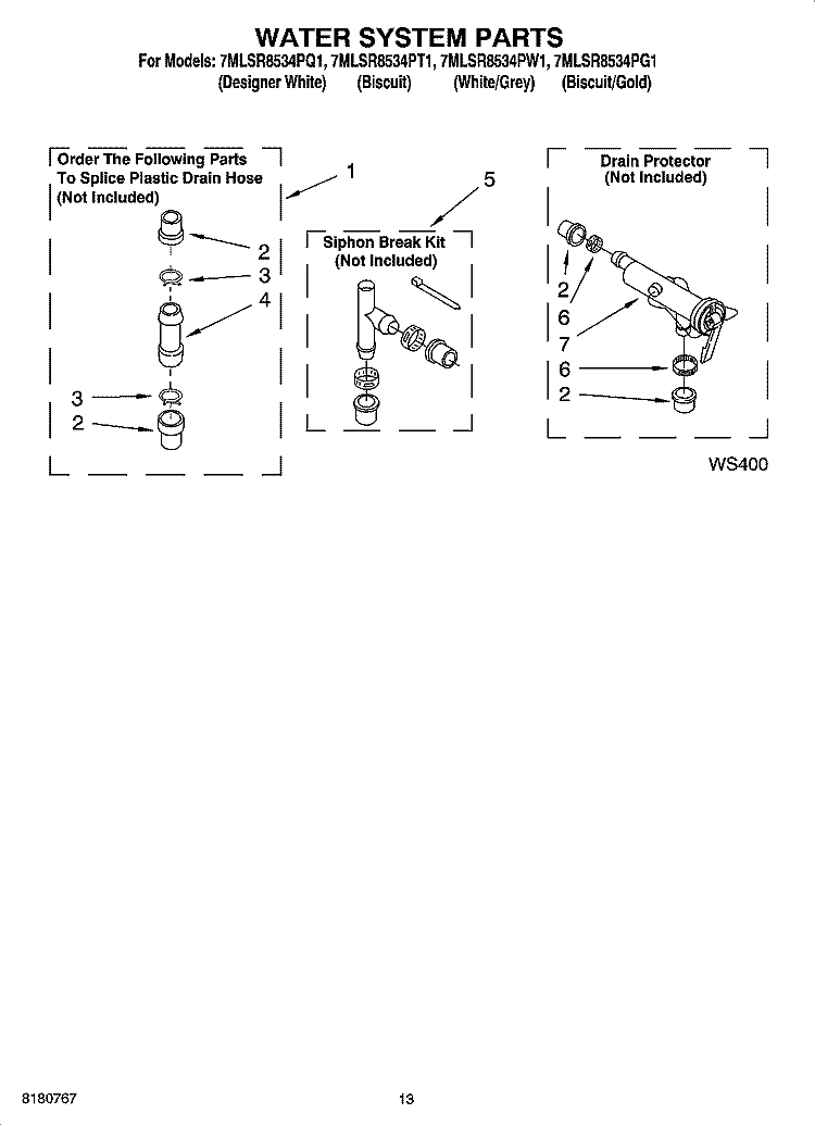 WATER SYSTEM PARTS, OPTIONAL PARTS (NOT INCLUDED) Diagram and Parts List for 7MLSR8534PW1  Whirlpool Washer
