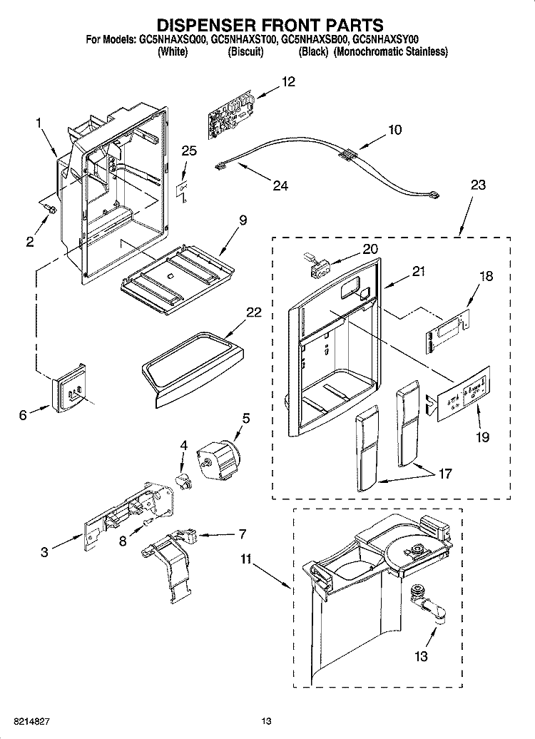 DISPENSER FRONT PARTS Diagram and Parts List for GC5NHAXSY00  Whirlpool Refrigerator