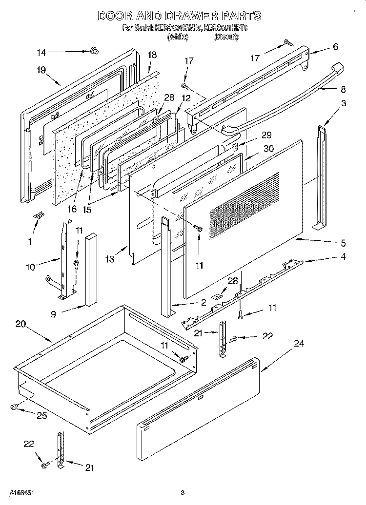 DOOR AND DRAWER Diagram and Parts List for KERC601HWH0  KitchenAid Range